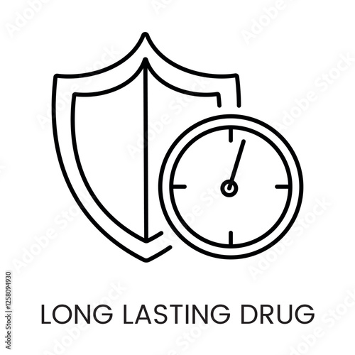 A shield with a clock icon in vector, symbolizing long-lasting drug protection, with an editable stroke