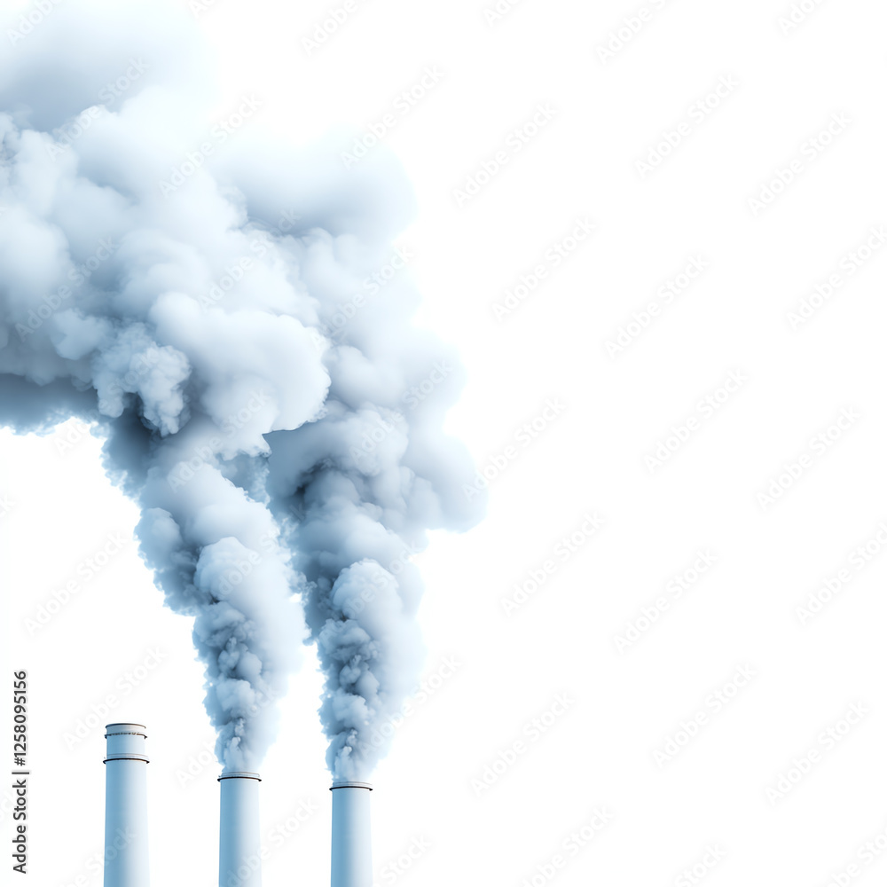A view of industrial smokestacks releasing thick, white smoke into the atmosphere, highlighting environmental issues related to pollution and air quality A view of industrial smokestacks releasing thick, white smoke into the atmosphere, highlighting environmental issues related to pollution and air quality