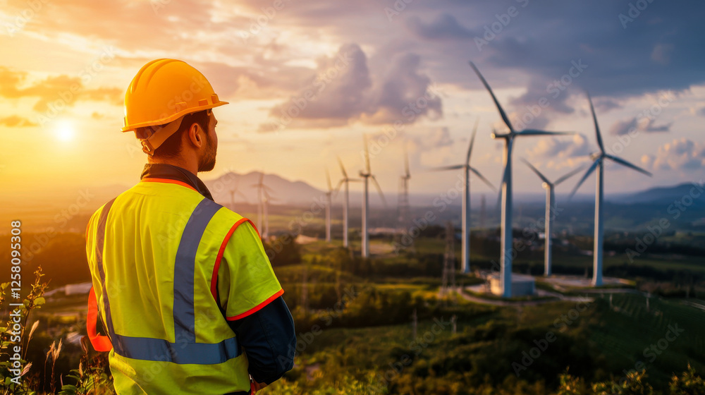 technician in safety vest and helmet observes wind turbines at sunset, reflecting on renewable energy technician in safety vest and helmet observes wind turbines at sunset, reflecting on renewable energy