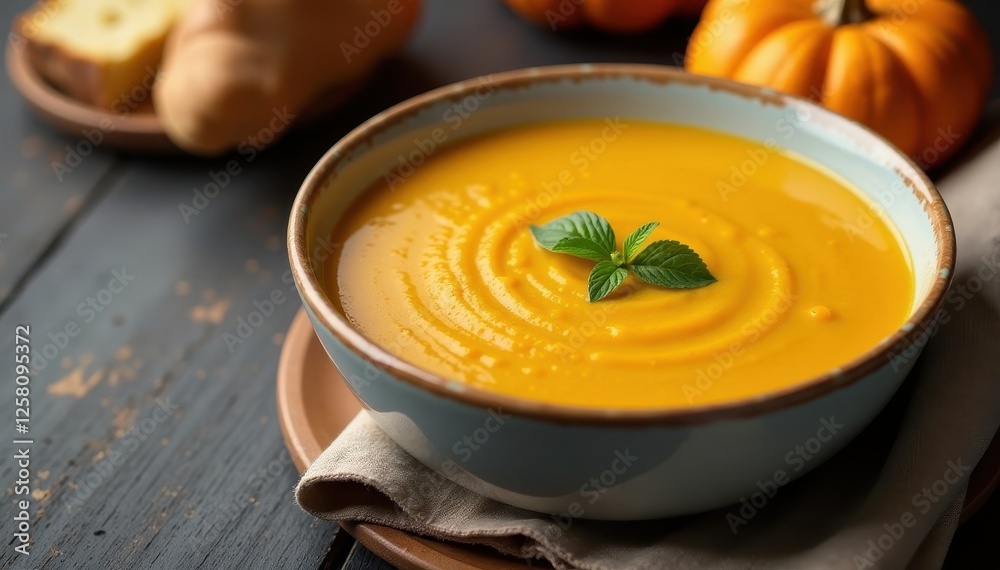 Creamy pumpkin soup in a bowl with crusty bread on the side, pumpkin soup, food in bowl Creamy pumpkin soup in a bowl with crusty bread on the side, pumpkin soup, food in bowl