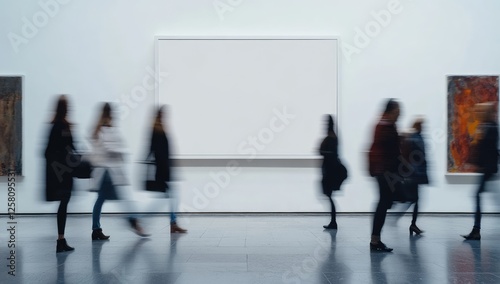 Photo of people walking in motion blur past an empty white frame on the wall, minimalist art gallery background.