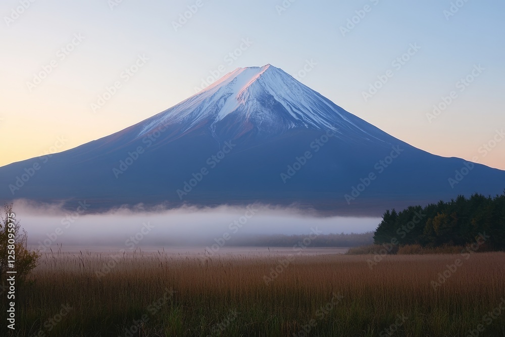 Fototapeta premium Photograph of a beautiful mountain range at sunrise, with a misty, snow-capped peak and muted, low-contrast colors