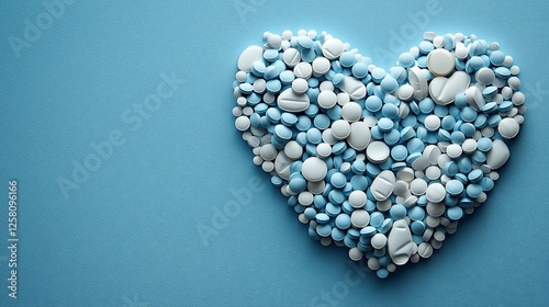 Heart-shaped arrangement of blue and white pills on a blue background, symbolizing care