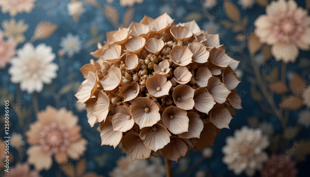 Dried hydrangea bloom against floral pattern Dried hydrangea bloom against floral pattern