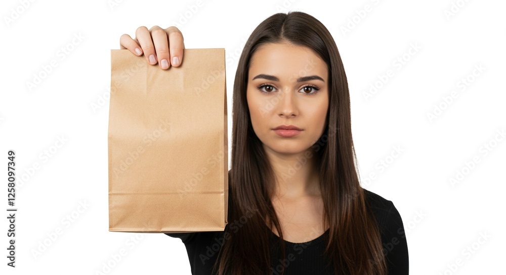 Woman Holding Brown Paper Bag Presenting or Delivering Item Isolated Woman Holding Brown Paper Bag Presenting or Delivering Item Isolated