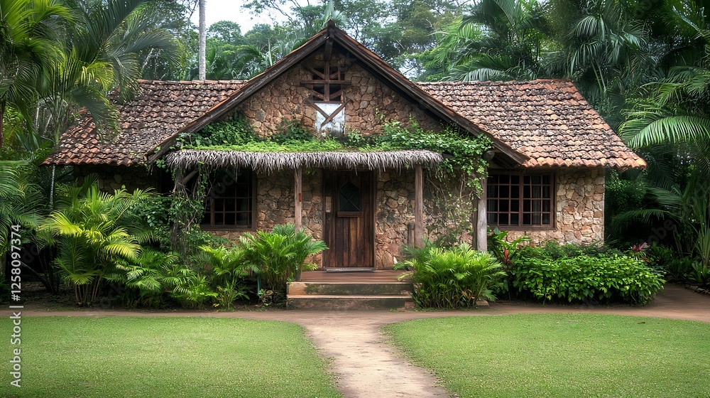 Enchanting Stone House Nestled Among Lush Green Tropical Foliage and Vibrant Plants in a Garden Enchanting Stone House Nestled Among Lush Green Tropical Foliage and Vibrant Plants in a Garden