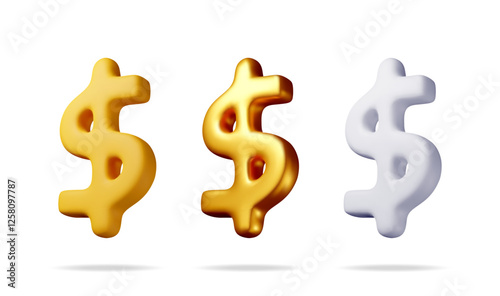 3D USA dollar symbol Isolated on white. Render American financial sign. Yellow, white and golden icon of money dollar. Profit, richness, wealth. Money currency US cash label. Vector illustration