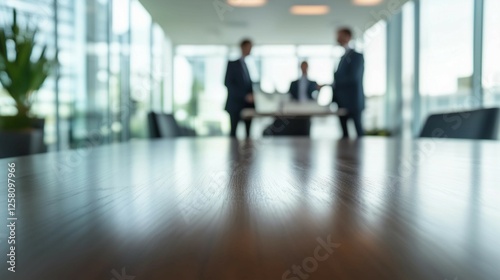 Empty boardroom table with chairs arranged around,against backdrop of floortoceiling windows. photo