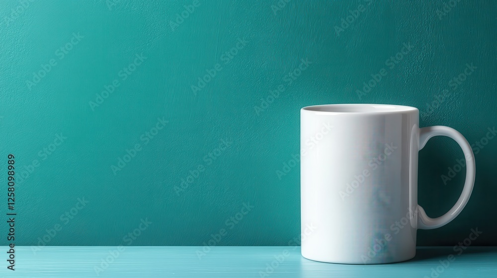 This captivating image features a lone white mug placed against a smooth teal background, creating a striking visual contrast that catches the eye. This captivating image features a lone white mug placed against a smooth teal background, creating a striking visual contrast that catches the eye.