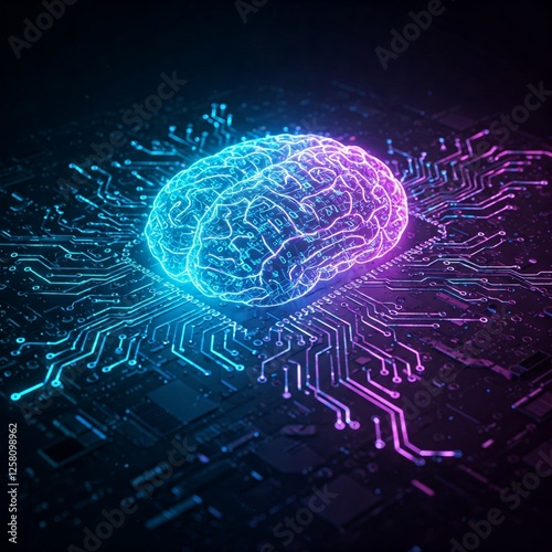 Representation of artificial intelligence with circuits and a digitized brain blue and purple neon lights in the background