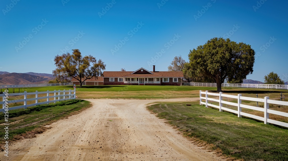 Charming country ranch house with a long dirt road, white fence, and open landscape
Charming country ranch house with a long dirt road, white fence, and open landscape