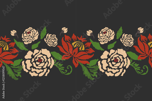 Ikat floral embroidery on black background. Traditional oriental seamless ikat pattern. Aztec style abstract vector illustration. Designed for use on surfaces, fabrics, clothing, wrapping and decorati
