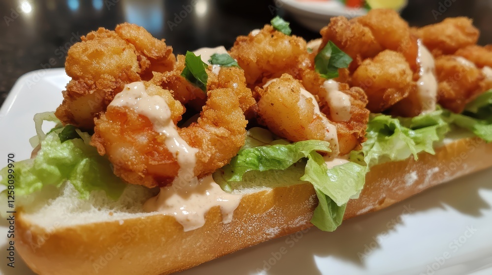 Orleans Po' Boy sandwich filled with crunchy shrimp or oysters, fresh lettuce, tomatoes, and tangy remoulade sauce Orleans Po' Boy sandwich filled with crunchy shrimp or oysters, fresh lettuce, tomatoes, and tangy remoulade sauce