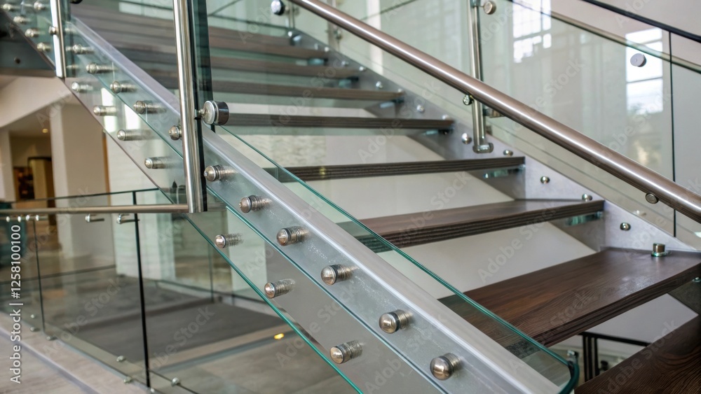 Fototapeta premium Closeup of the intricate installation details where the glass risers meet the steel staircase framework focusing on the clean lines and precision of the craftsmanship.