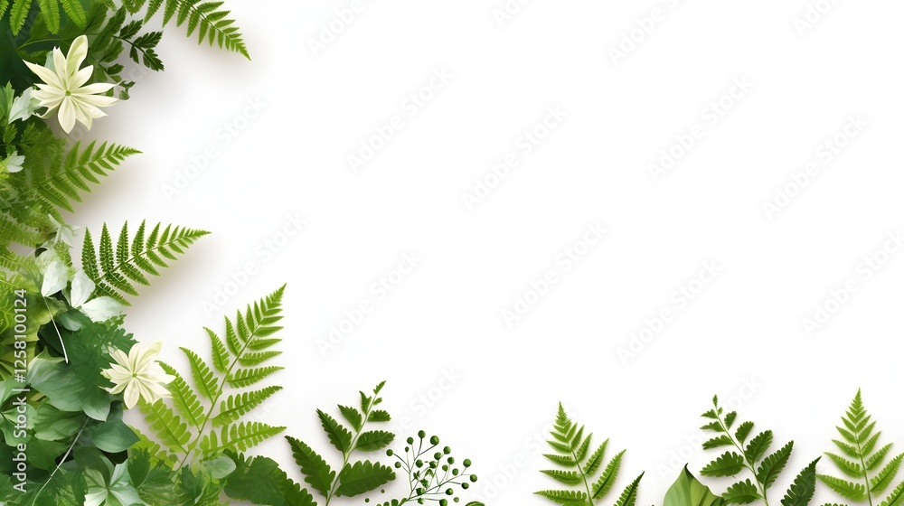 Lush Green Foliage and Delicate White Flowers Corner Border Frame on White Background Lush Green Foliage and Delicate White Flowers Corner Border Frame on White Background