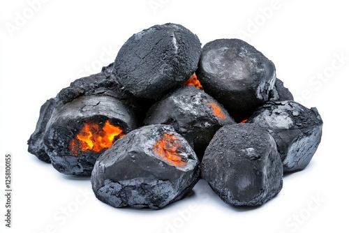 Charcoal Briquette isolated on White Background. Dark Black Coal Fuel for Scorching BBQ Energy