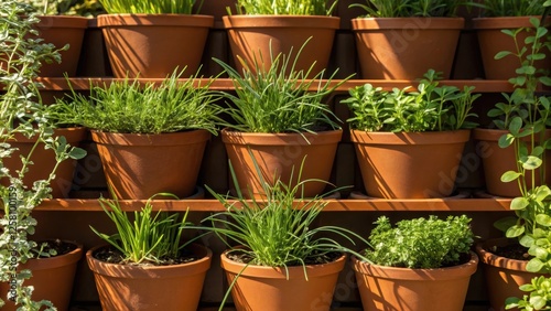 Wallpaper Mural Closeup of terracotta pots arranged in a vertical ladder formation filled with thriving rosemary oregano and chives each leaf catching the warm sunlight. Torontodigital.ca