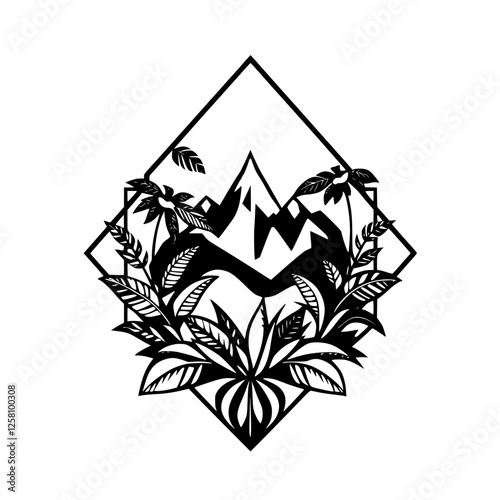 Black and White geometric floral nature scene within a diamond. Mountain. photo