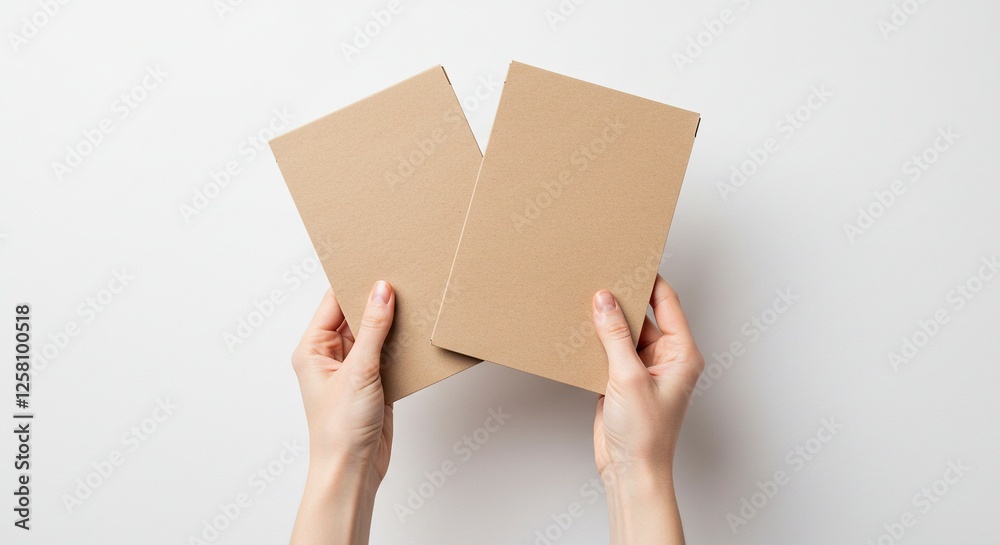 Hands Holding Two Brown Cardboard Boxes Overhead on a White Background Hands Holding Two Brown Cardboard Boxes Overhead on a White Background