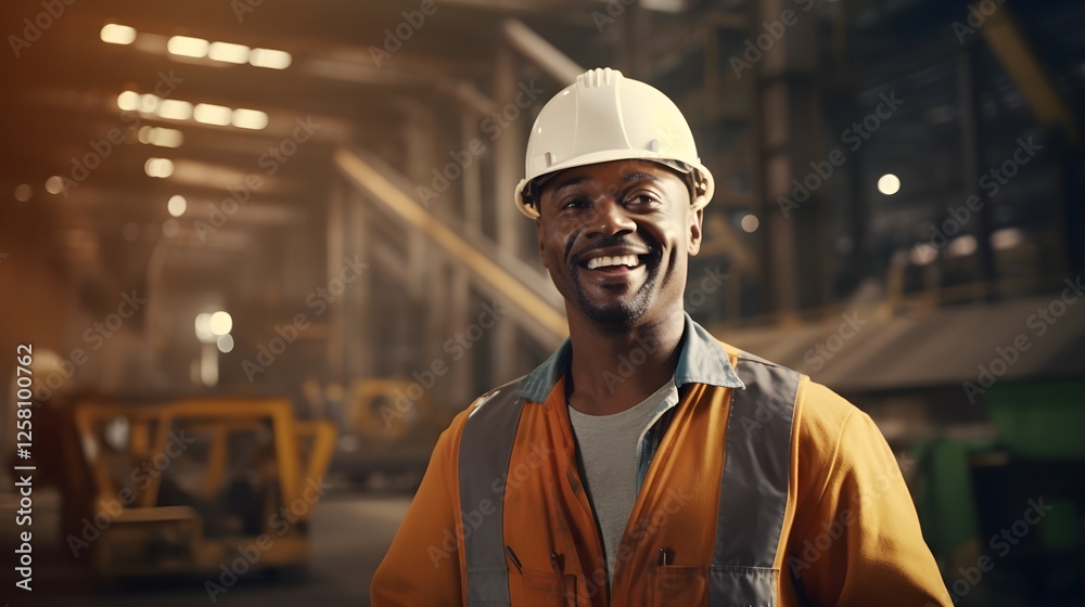 Happy African American Construction Worker Smiling in Factory Happy African American Construction Worker Smiling in Factory