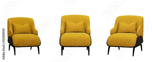 A modern mustard yellow upholstered armchair with a matching cushion, sleek black frame, and legs, different view angle. Furniture isolated on transparent background.