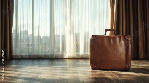 A classic suitcase illuminated by soft sunlight, casting gentle shadows and highlighting its intricate details, inviting thoughts of travel and adventure over the years. photo