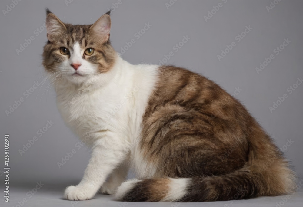 Fluffy Maine Coon cat with a calm expression against a gray background Fluffy Maine Coon cat with a calm expression against a gray background