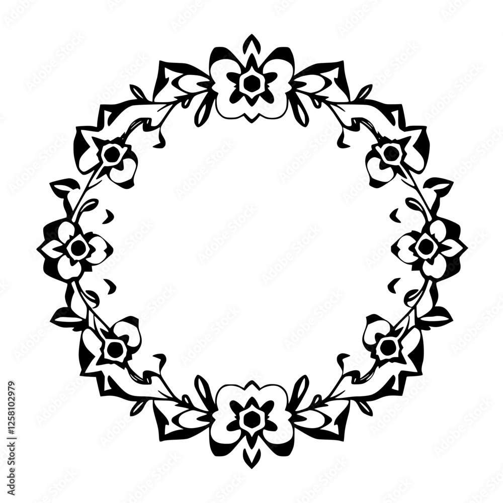 Obraz premium Symmetrical floral black and white wreath, minimalist decorative botanical circular design.