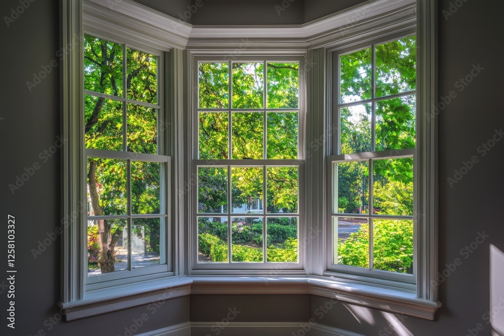 Bay window provides a view of a lush green landscape Bay window provides a view of a lush green landscape