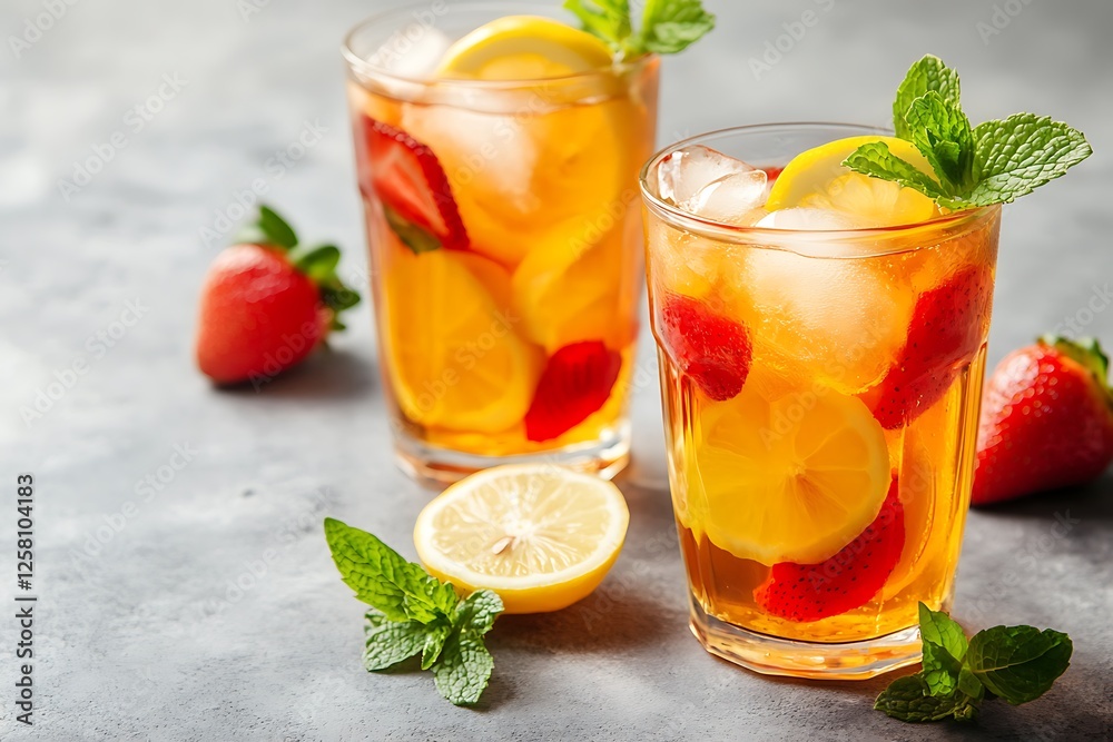 Fototapeta premium Strawberry lemonade with mint and ice on a dark background