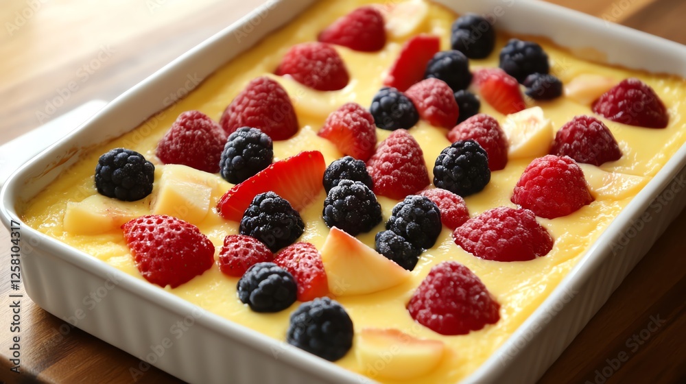 A delicious fruit tart topped with a colorful array of raspberries, blackberries, and diced apples. A delicious fruit tart topped with a colorful array of raspberries, blackberries, and diced apples.