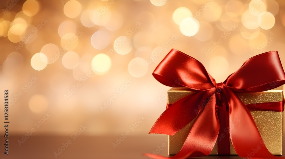 Elegant Gold Gift Box with Red Ribbon Bow Festive Holiday Background Sparkling Lights Elegant Gold Gift Box with Red Ribbon Bow Festive Holiday Background Sparkling Lights