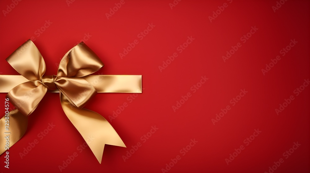 Elegant Gold Ribbon Bow on Red Background Festive Gift Decor Holiday Present Elegant Gold Ribbon Bow on Red Background Festive Gift Decor Holiday Present
