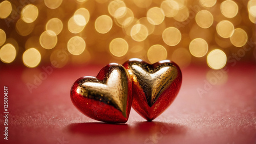 Romantic Golden Bokeh with Red Hearts – Valentine’s Day Love Background