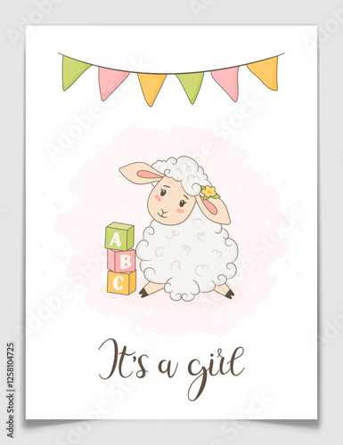 Its a girl baby shower postcard with hand drawn cute sheep, colorful abc blocks and party garland. Gender reveal greeting card for newborn female child. Farm animal character. Vector illustration.