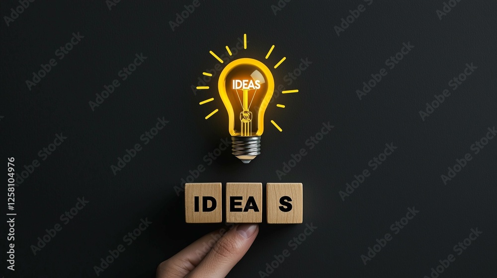 Hand holding light bulb above wooden blocks with text Hand holding light bulb above wooden blocks with text