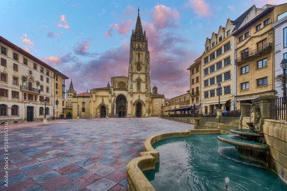 Fototapeta premium View of Cathedral on Plaza Alfonso in Oviedo during sunrise, Asturias. Spain