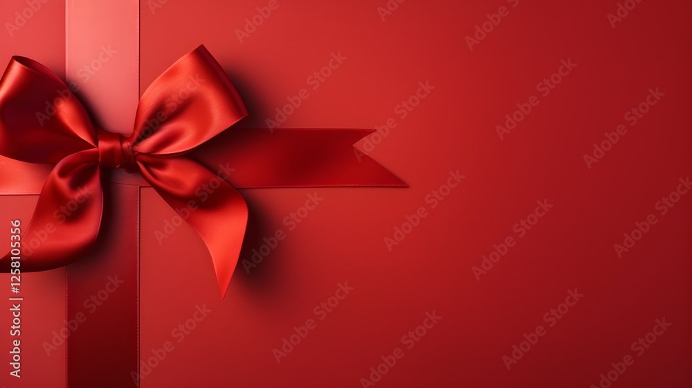 Elegant Red Satin Ribbon Bow on Red Background Gift Wrapping Holiday Festive Decoration Elegant Red Satin Ribbon Bow on Red Background Gift Wrapping Holiday Festive Decoration