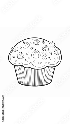 Muffin Food Eatery Meal Coloring Kid Book Page in Black and White. Monochrome and Colored Samples
