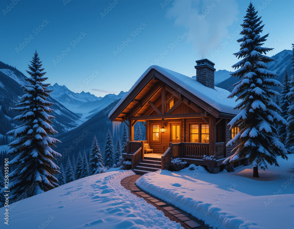 Fototapeta premium Cozy Winter Cabin in the Mountains