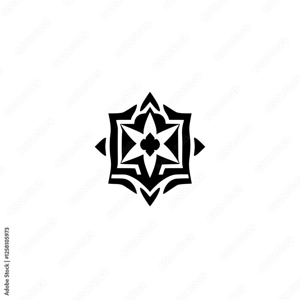 Symmetrical black geometric design with a star-like shape on a stark white background. Symmetrical black geometric design with a star-like shape on a stark white background.