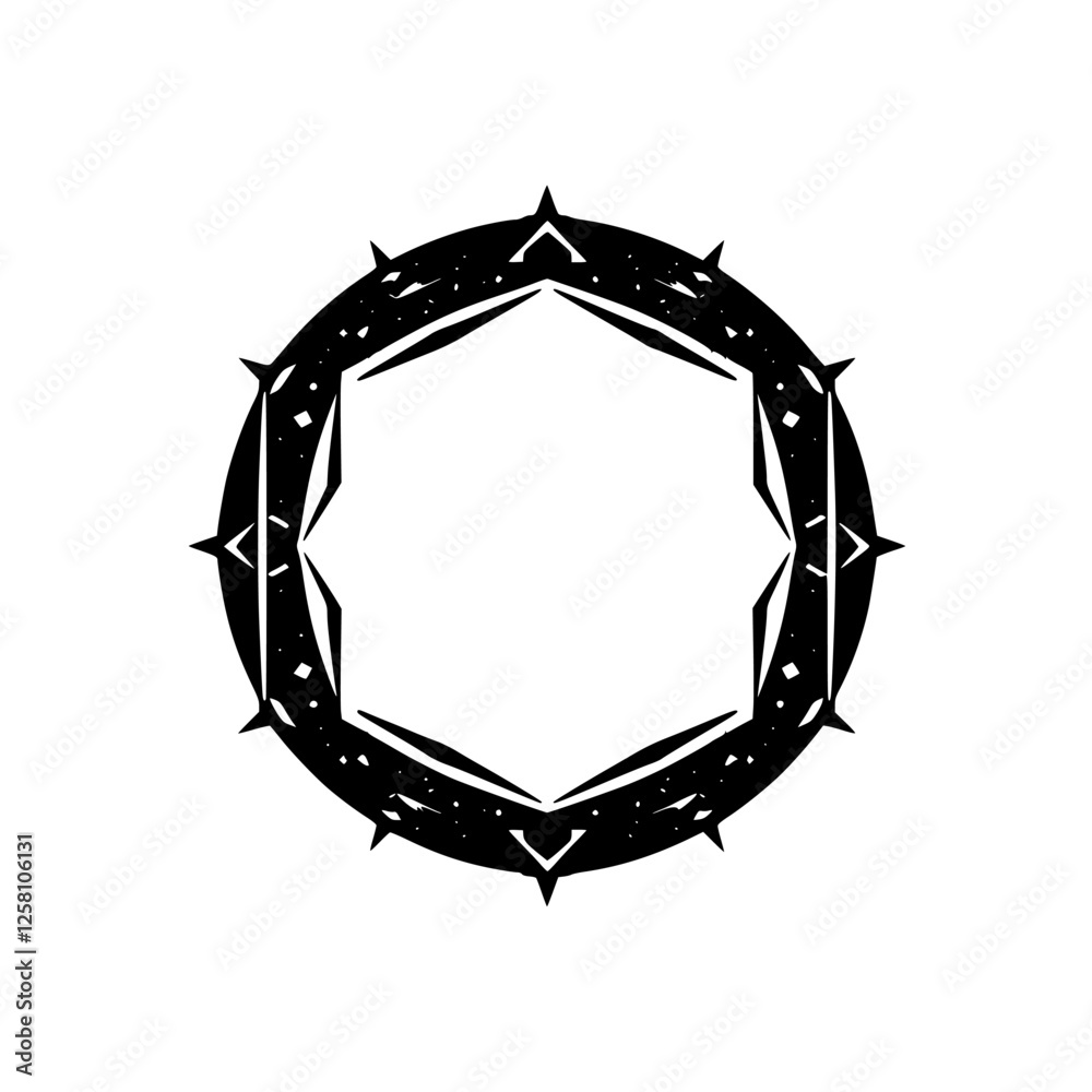Obraz premium Black & White Image of a Hexagonal Crown, Circular Composition. It's a simplified, artistic representation, with stars.