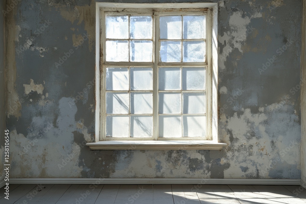 Obraz premium Light streams through window in abandoned room with damaged walls