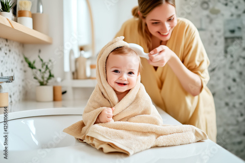 Mother drying and brushing her baby after a bath, with the baby wrapped in a soft beige towel, smiling in a cozy bathroom setting