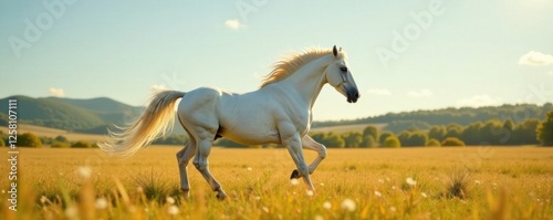 A beautiful white horse with a shimmering coat and a flowing mane, prancing freely in an open field, fantasy, open field, animal photo