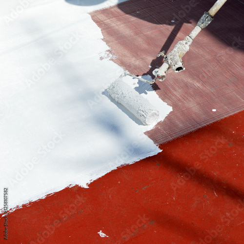 Pittura impermeabilizzante applicata a rullo per impermeabilizzare la terrazza di casa. Applicazione di pittura bianca sul tetto per contrastare il caldo estivo dovuto ai cambiamenti climatici.