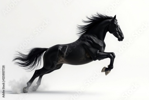 A black horse leaps high into the air, its body silhouetted against a white backdrop, with a blurred trail behind it , horse, equine, jumping photo