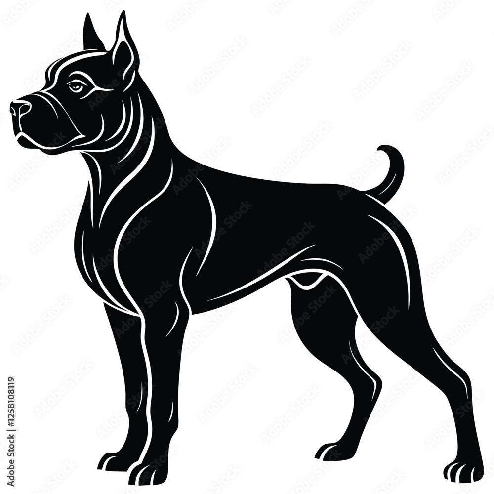 A vector silhouette of a Boxer dog in a powerful stride, A vector silhouette of a Boxer dog in a powerful stride,