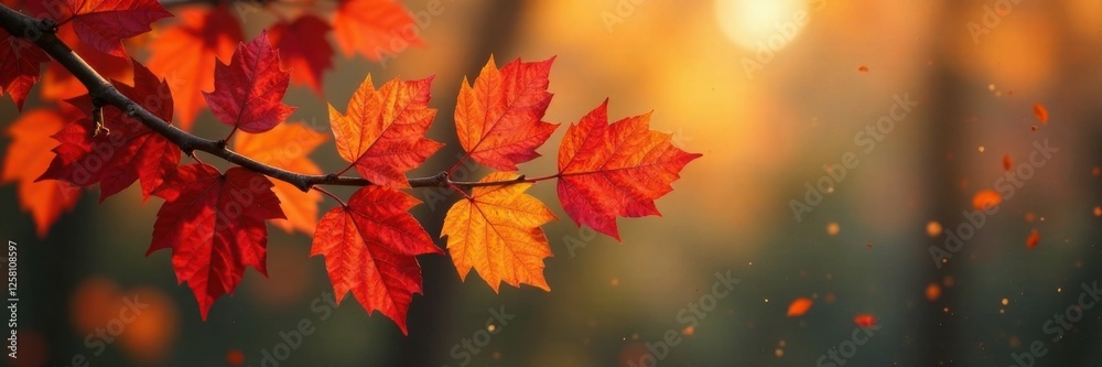 Obraz premium A branch laden with autumn leaves in shades of orange and red, landscape, foliage, colorful
