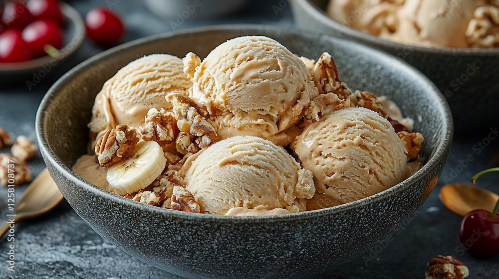 Creamy caramel ice cream with pecans and bananas Creamy caramel ice cream with pecans and bananas